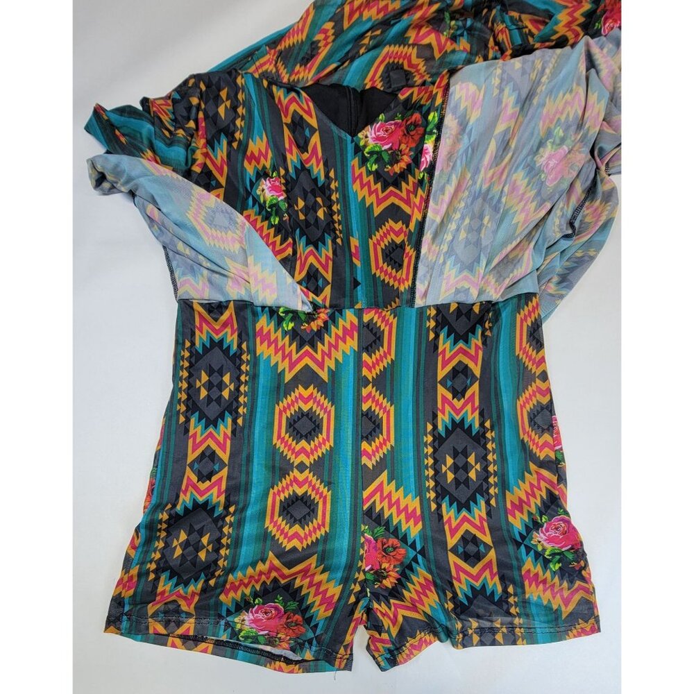 Crazy Train Jolie Romper Shorts Aztec Long Sleeve One Piece Womens Med - Picture 8 of 9
